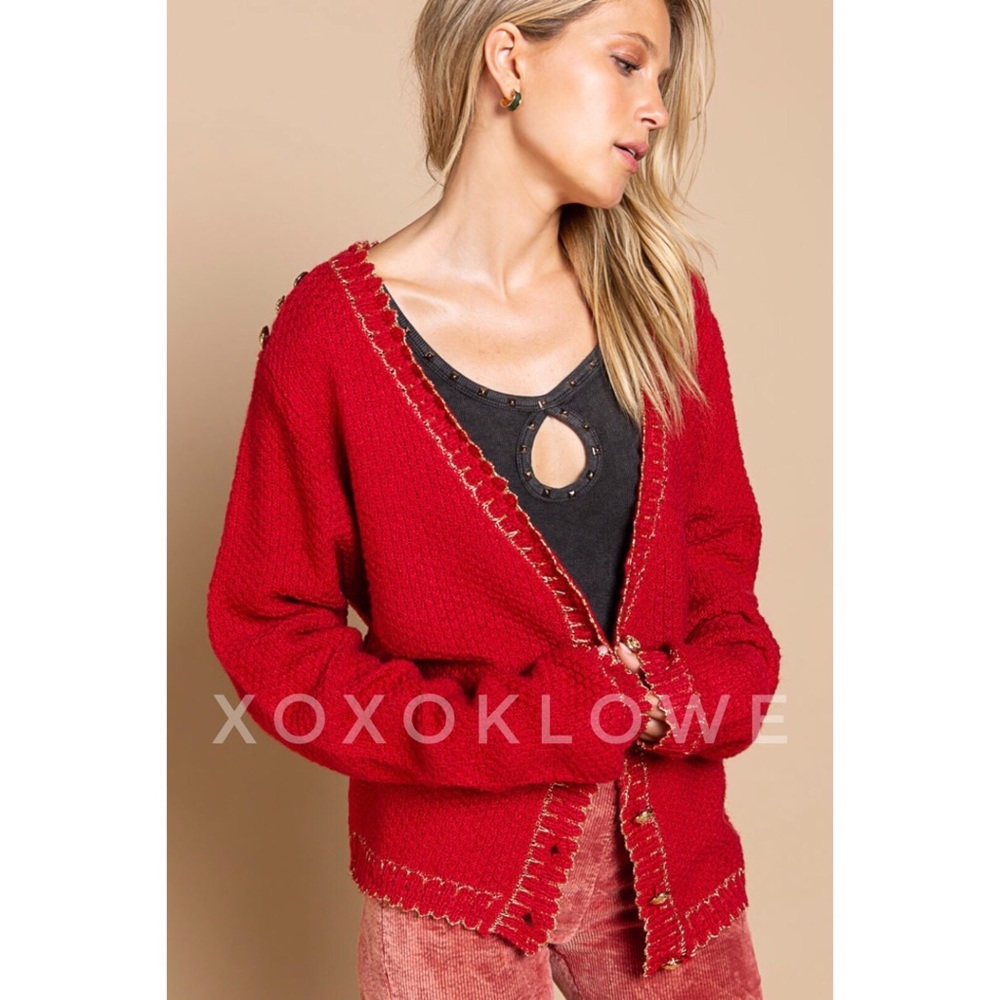 POL Red Button Front Cardigan with Sparkly Gold Trim - Picture 4 of 15